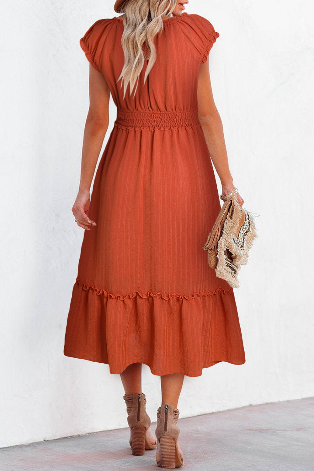 Puff Sleeve Tied V-Neck Smock Waist Frill Midi Dress