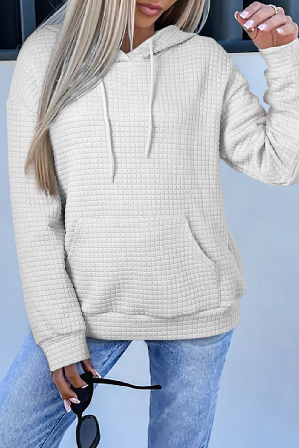 Gray Lattice Textured Kangaroo Pocket Drawstring Hoodie