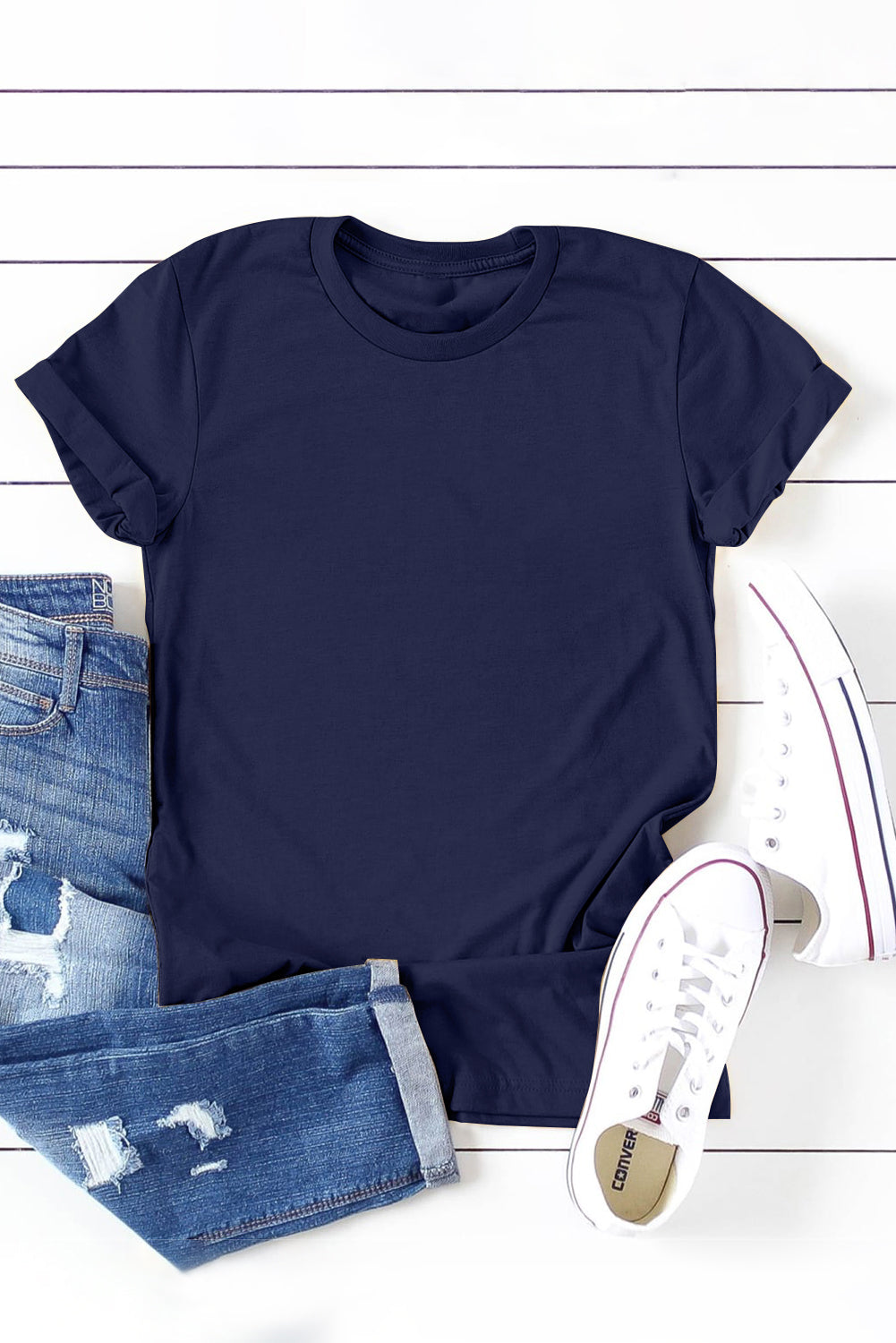 White Round Neck Rolled Sleeve Plus Size T-shirt