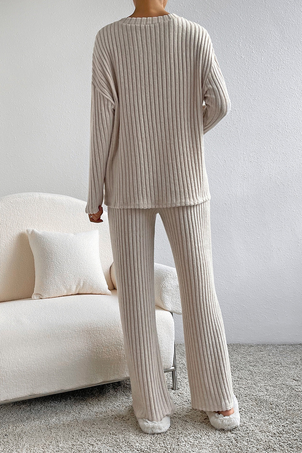 Parchment Plus Size Ribbed V Neck Pullover and Pants Set