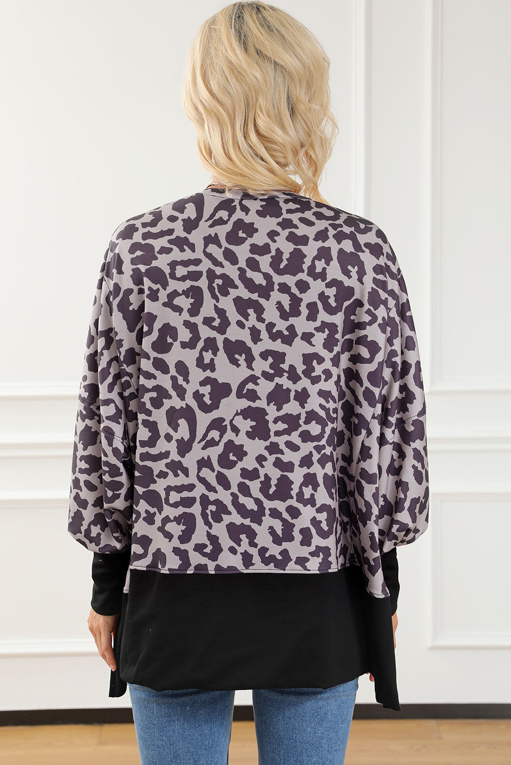 Leopard Print Drop Shoulder Slit Oversized Sweatshirt