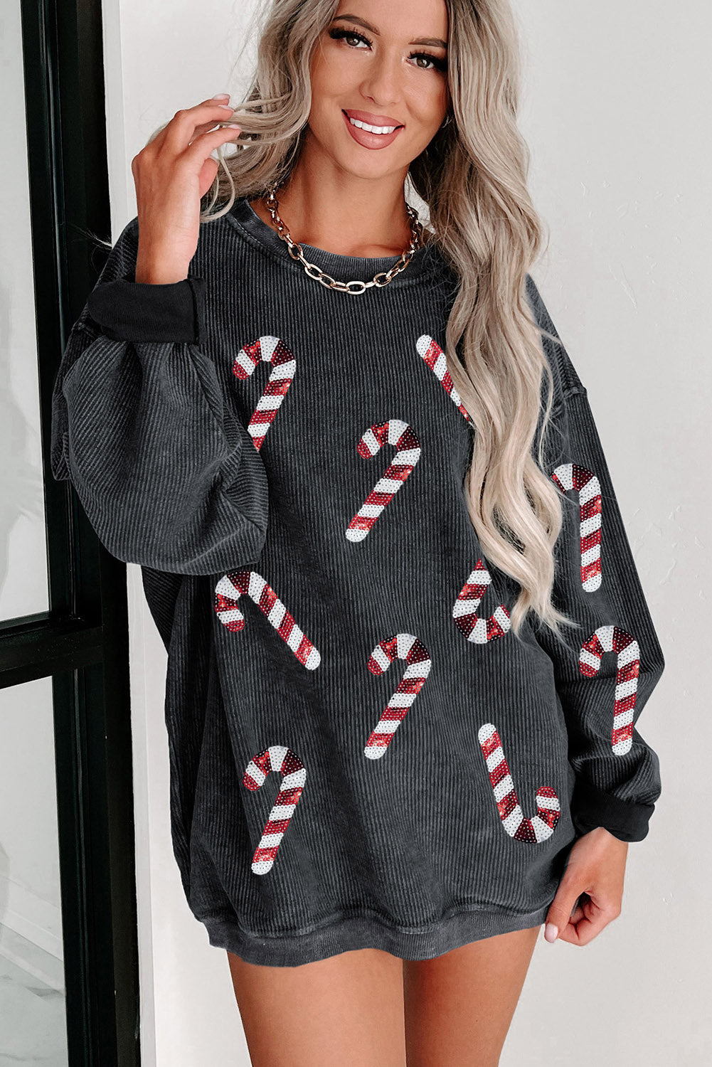 Black Plus Size Corded Round Neck Sweatshirt