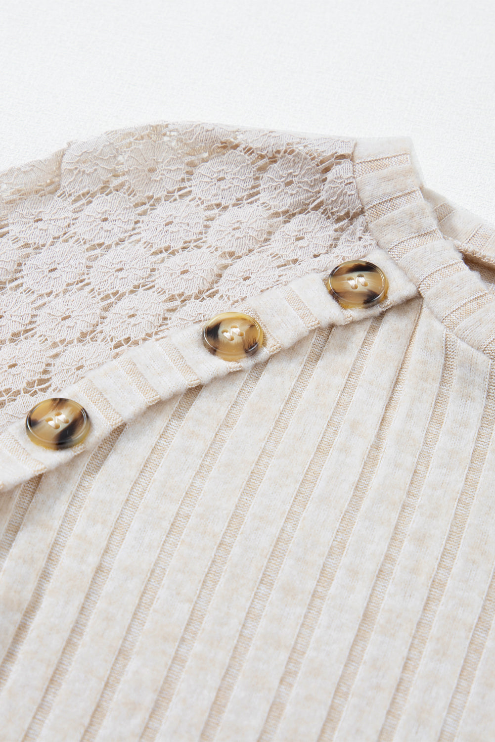 Gray Contrast Lace Raglan Sleeve Buttoned Ribbed Top