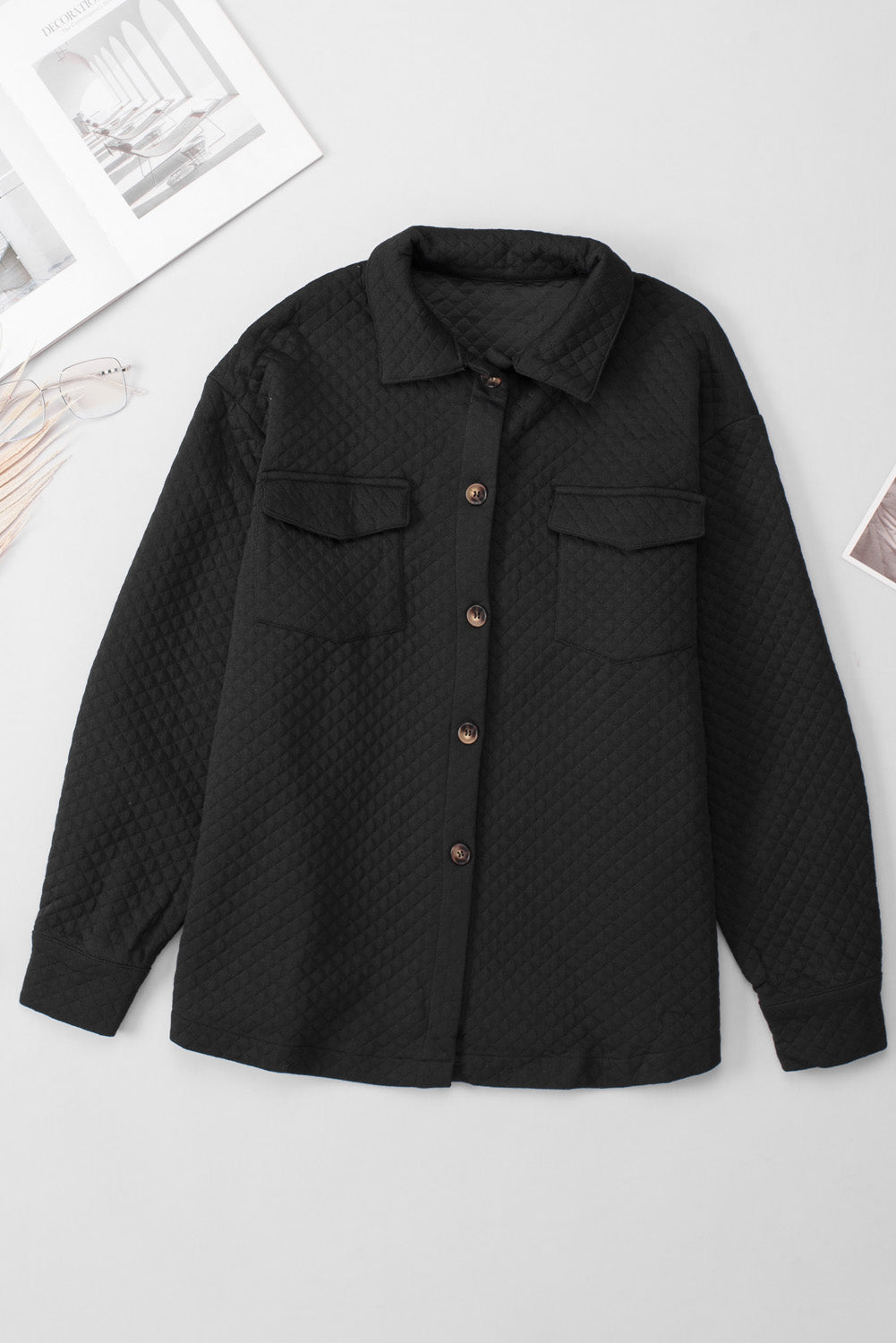 Gray Lattice Texture Retro Flap Pocket Button Shacket
