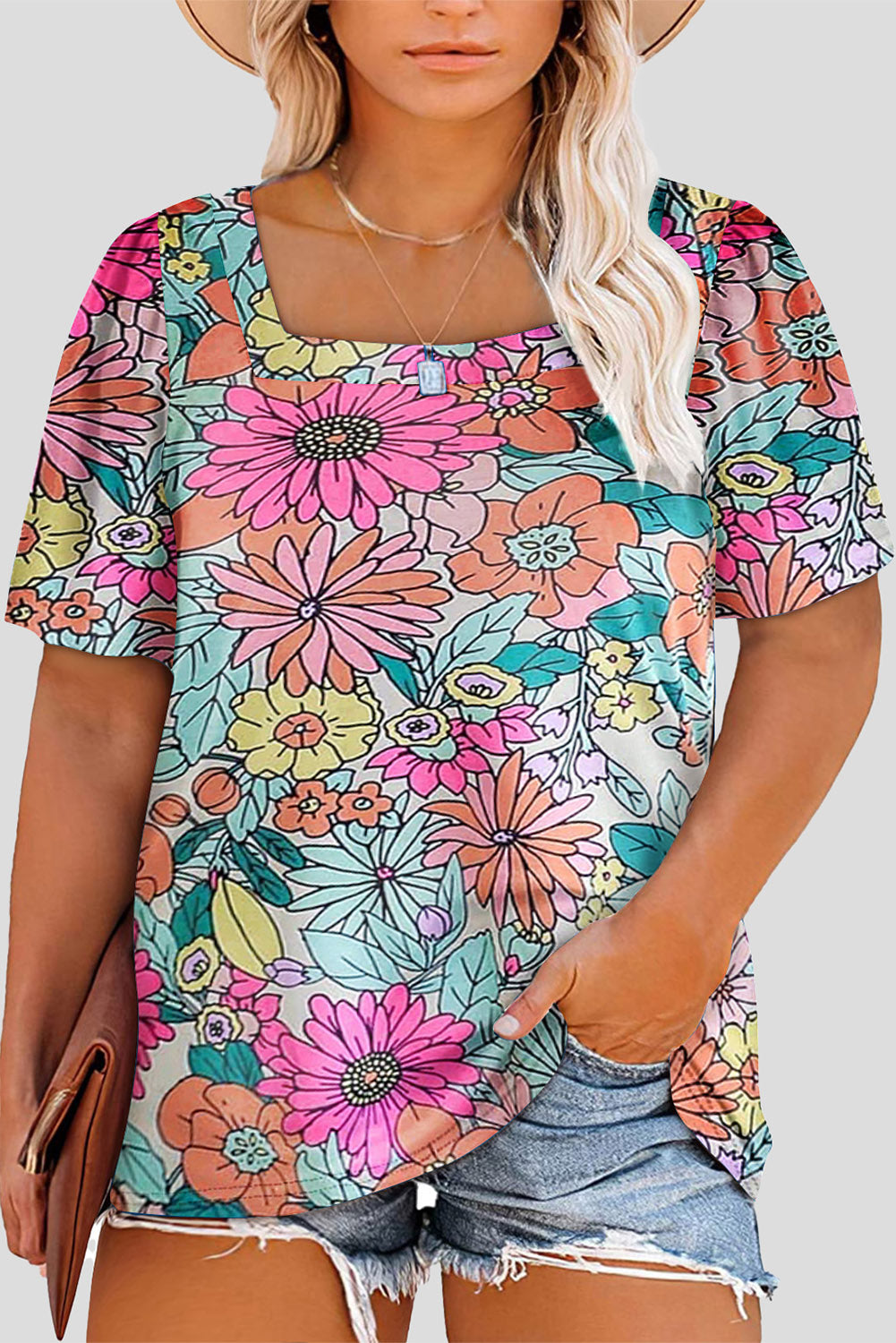 Multicolor Plus Size Square Neck Ruched Shoulder Short Sleeve Top