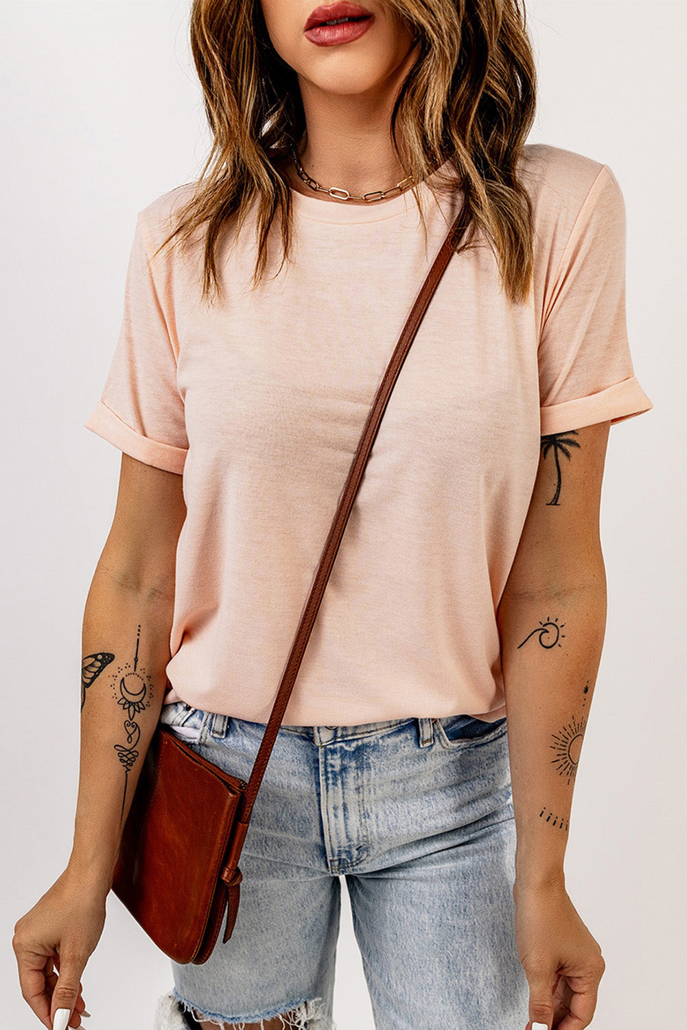White Round Neck Rolled Sleeve Plus Size T-shirt