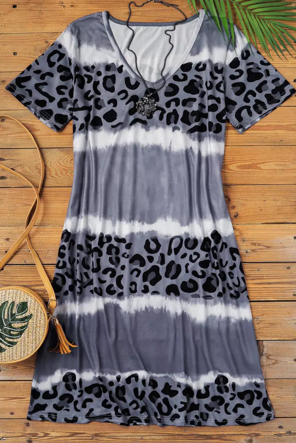 Grey Leopard Tie Dye Color Block V-Neck T-Shirt Dress