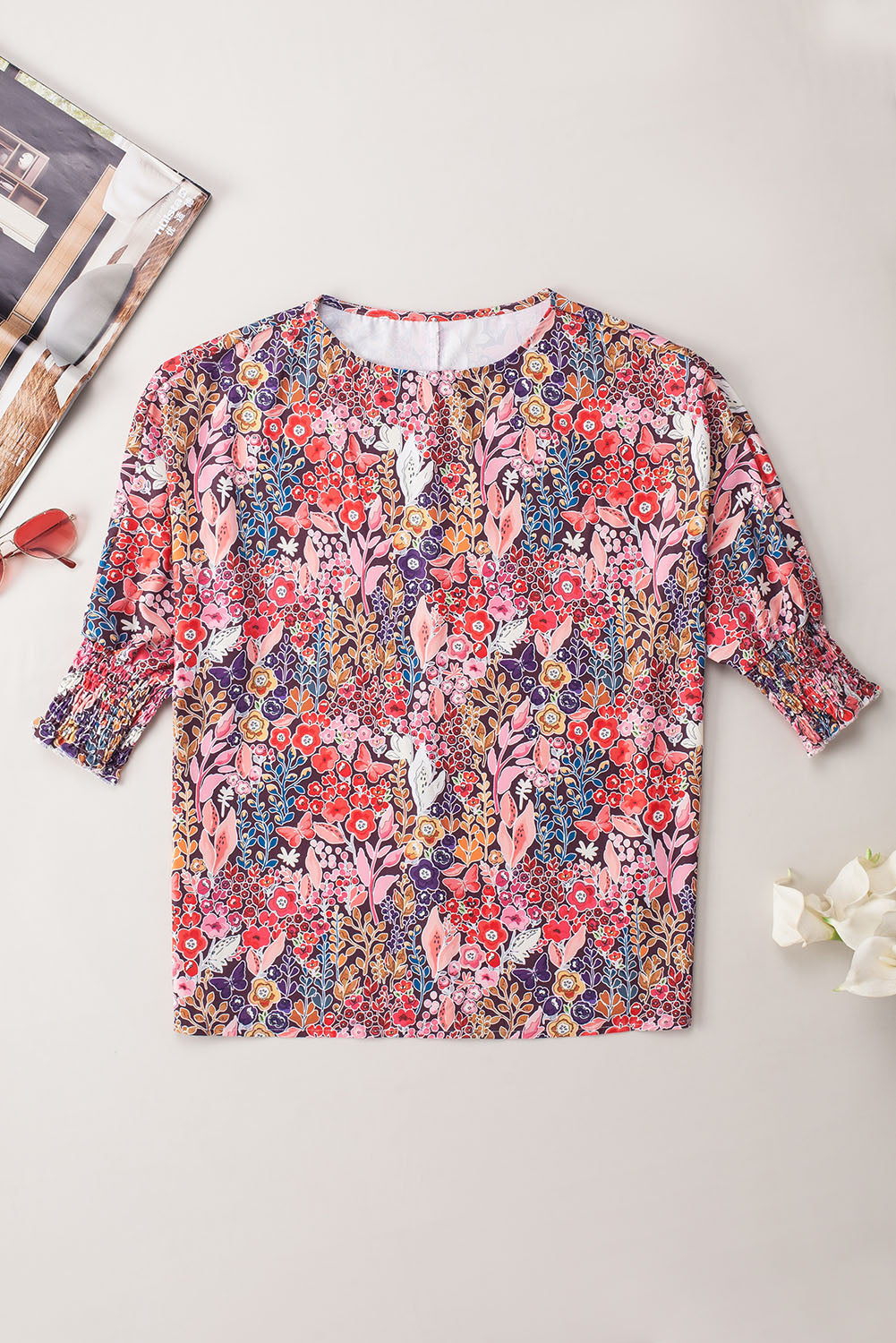 Purple Printed Boho Floral Frilled Neck Shirred Bracelet Sleeve Dress