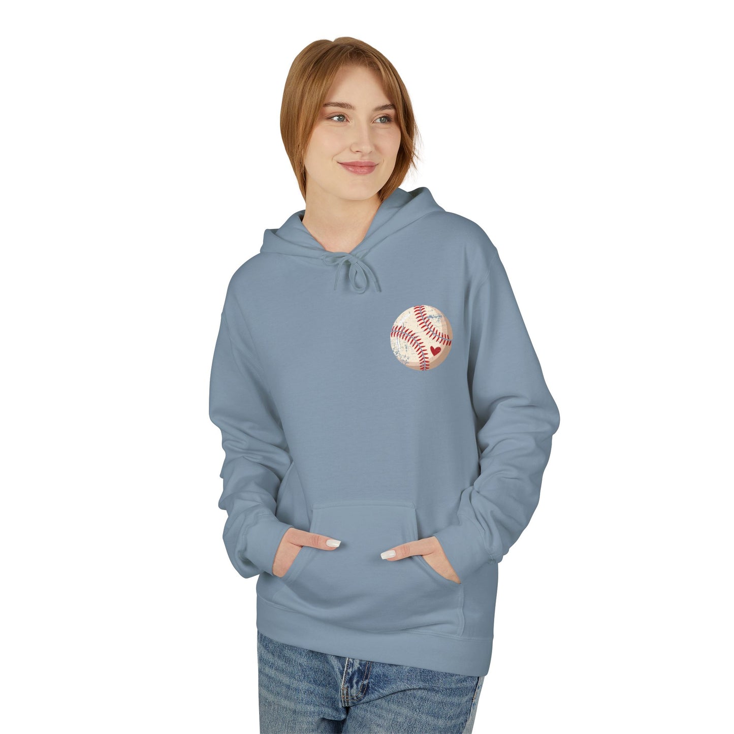 Distressed Baseball Heart Pocket Midweight Softstyle Fleece Hoodie