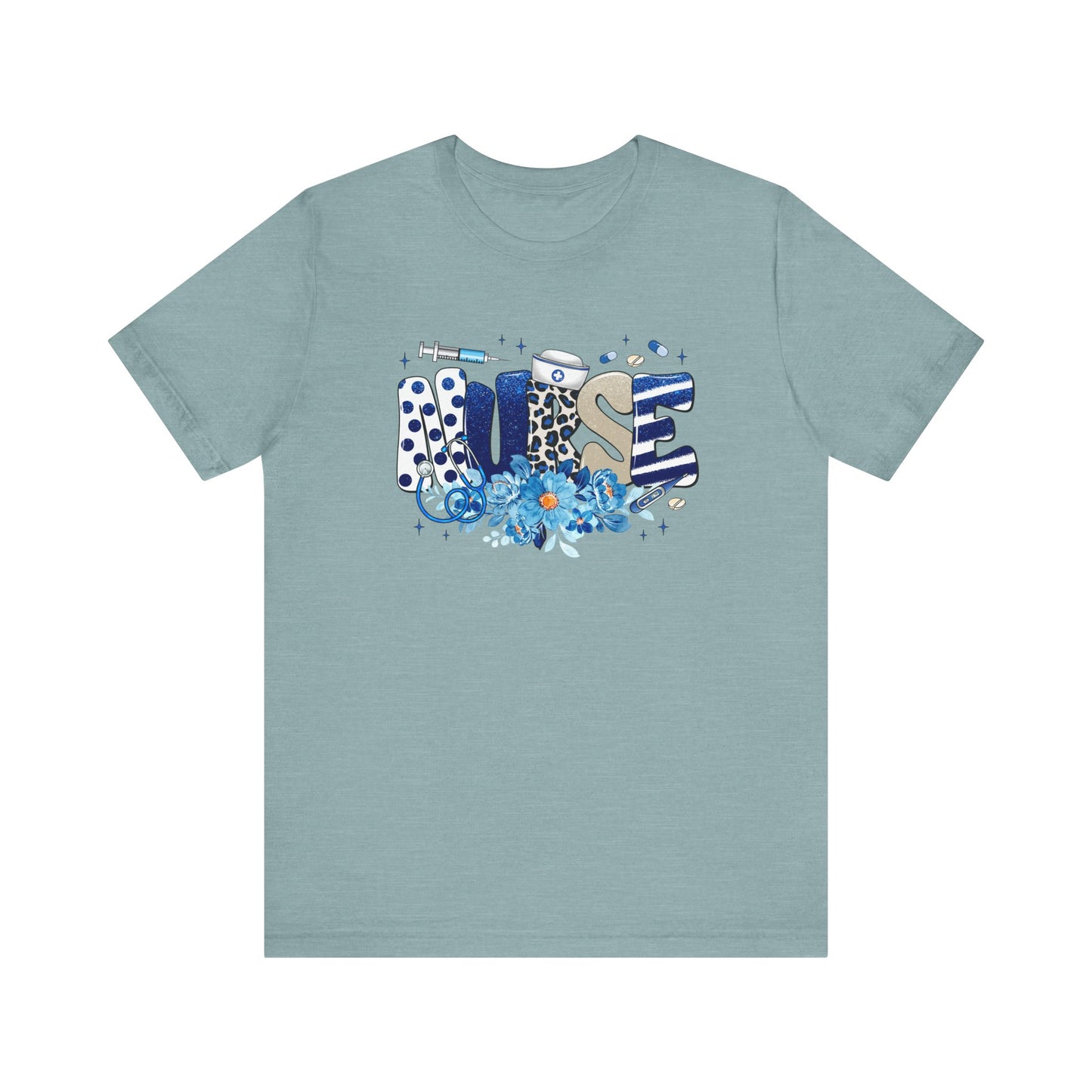 Blue Floral Nurse Jersey Short Sleeve Tee
