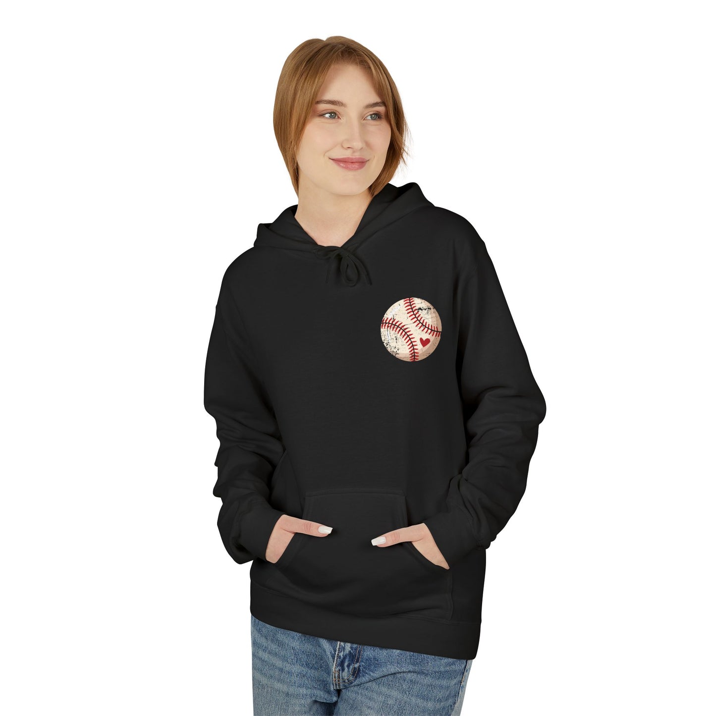 Distressed Baseball Heart Pocket Midweight Softstyle Fleece Hoodie