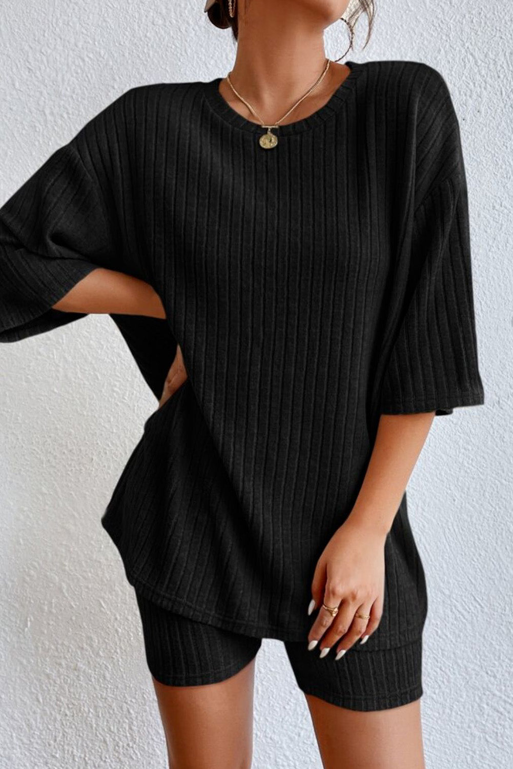 Parchment Plus Size Ribbed V Neck Pullover and Pants Set