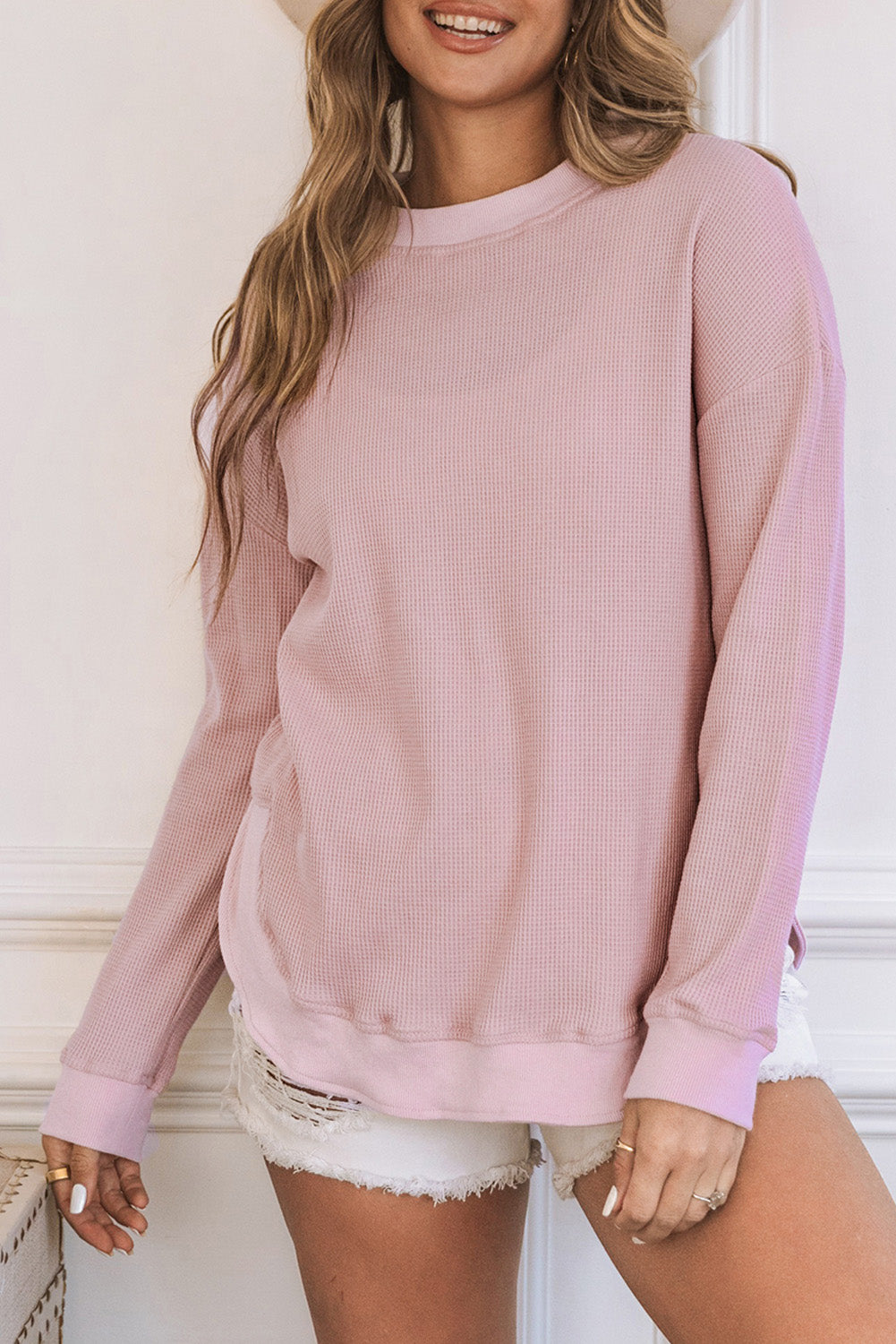 Waffle Knit Crew Neck Casual Long Sleeve Top