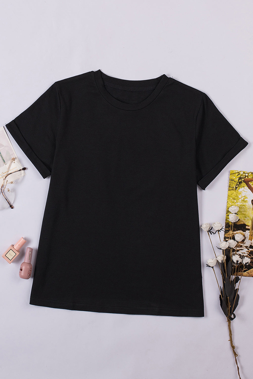 White Round Neck Rolled Sleeve Plus Size T-shirt