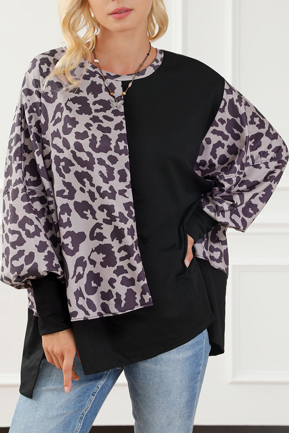 Leopard Print Drop Shoulder Slit Oversized Sweatshirt