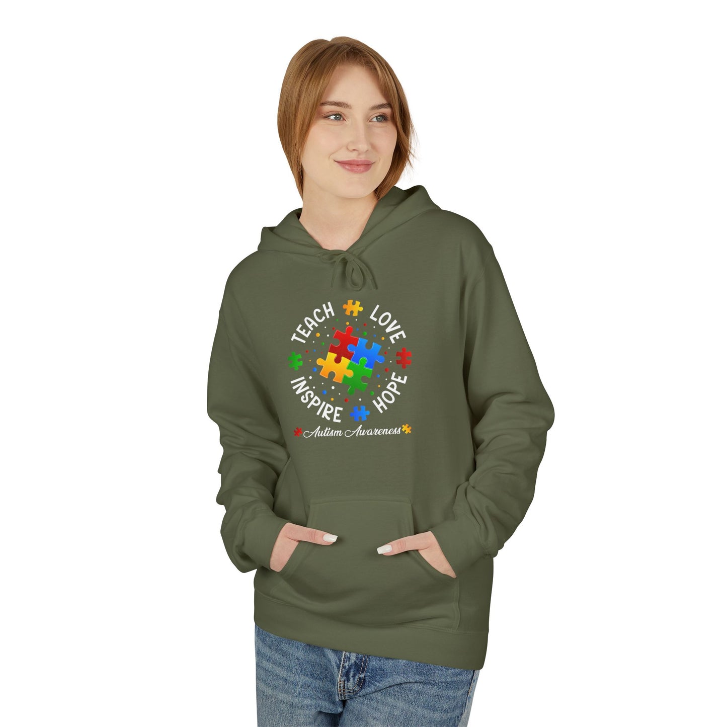 Teach Love Hope Inspire Autism Awareness Midweight Softstyle Fleece Hoodie