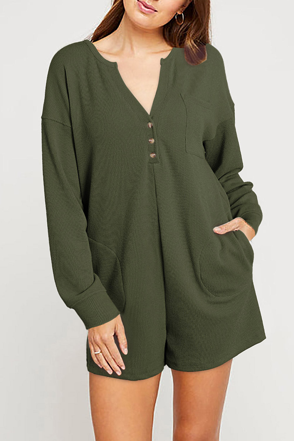 Black Brushed Ribbed Button Split V Neck Long Sleeve Romper