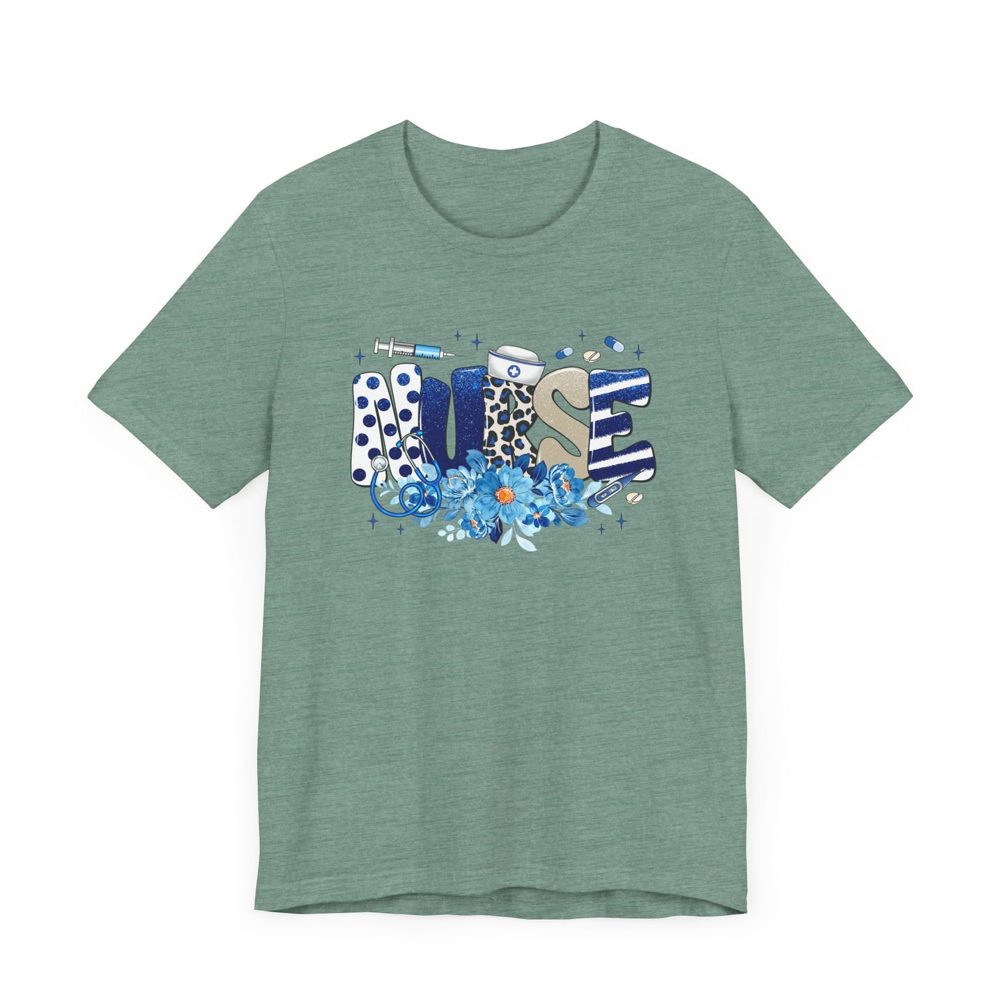 Blue Floral Nurse Jersey Short Sleeve Tee