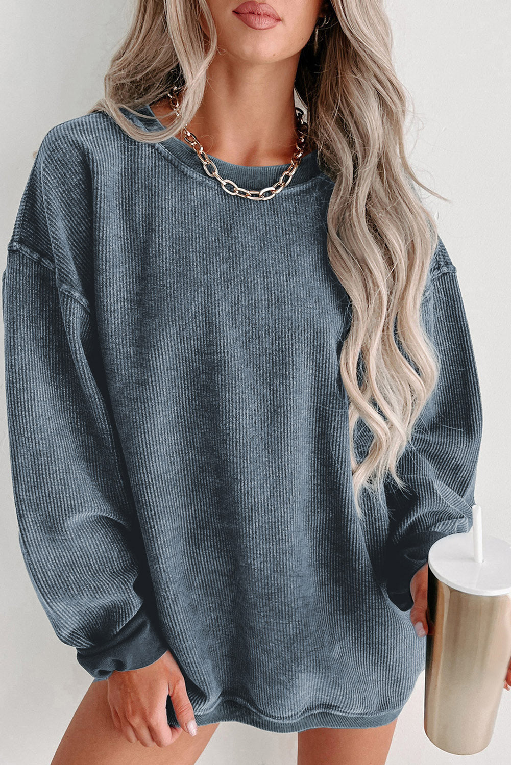 Black Plus Size Corded Round Neck Sweatshirt