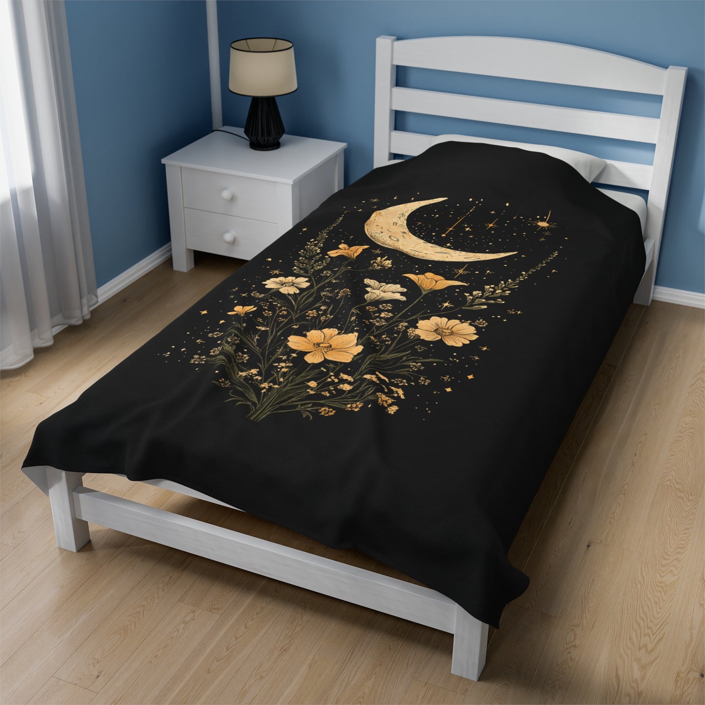 Celestial Moon and Flowers Velveteen Plush Blanket