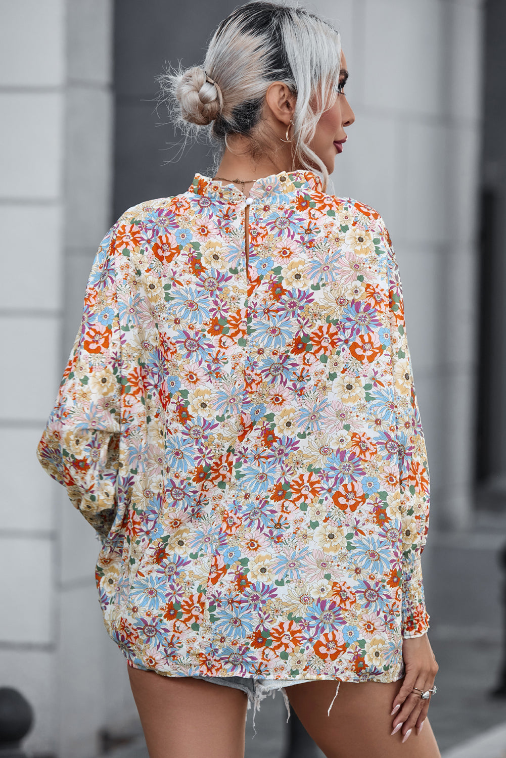 Purple Printed Boho Floral Frilled Neck Shirred Bracelet Sleeve Dress