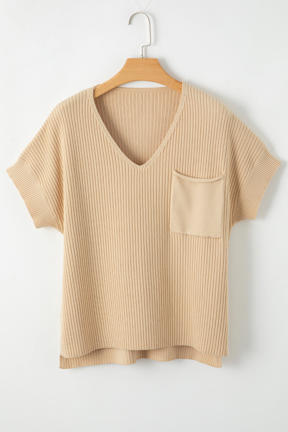 Oatmeal Patch Pocket Ribbed Knit Short Sleeve Sweater Dress