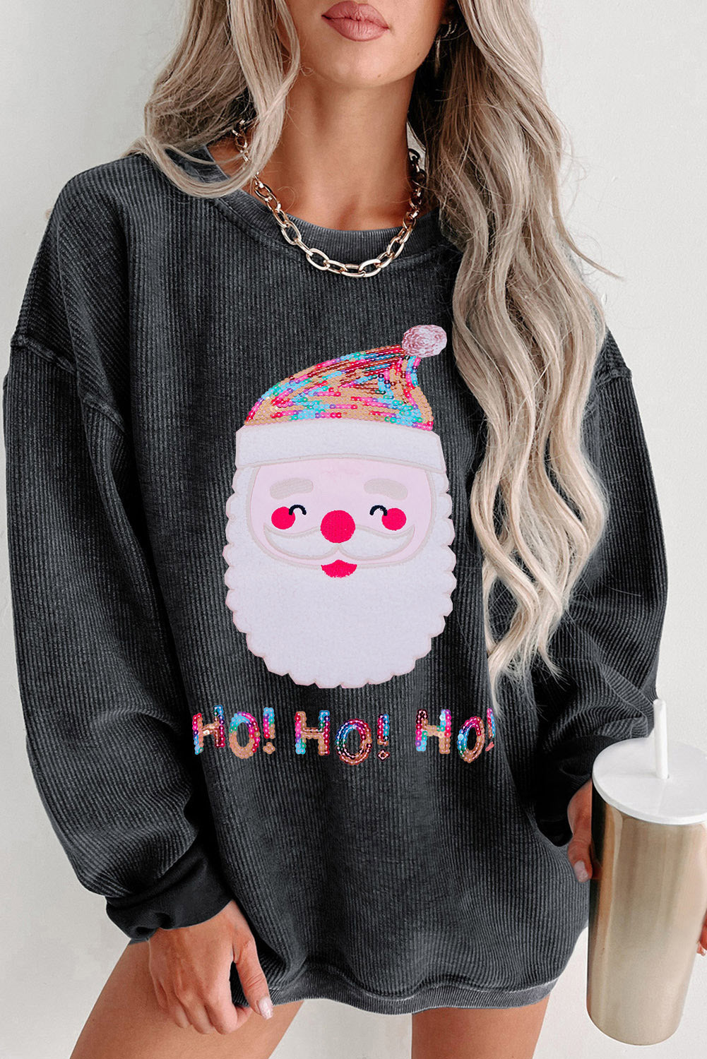 Black Plus Size Corded Round Neck Sweatshirt
