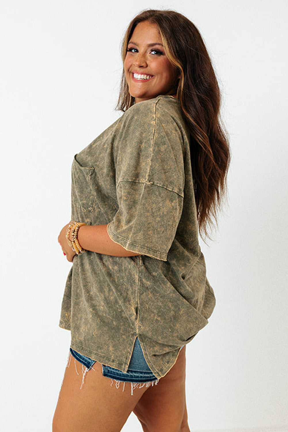 Plus Size Mineral Wash Seamed Short Sleeve T Shirt