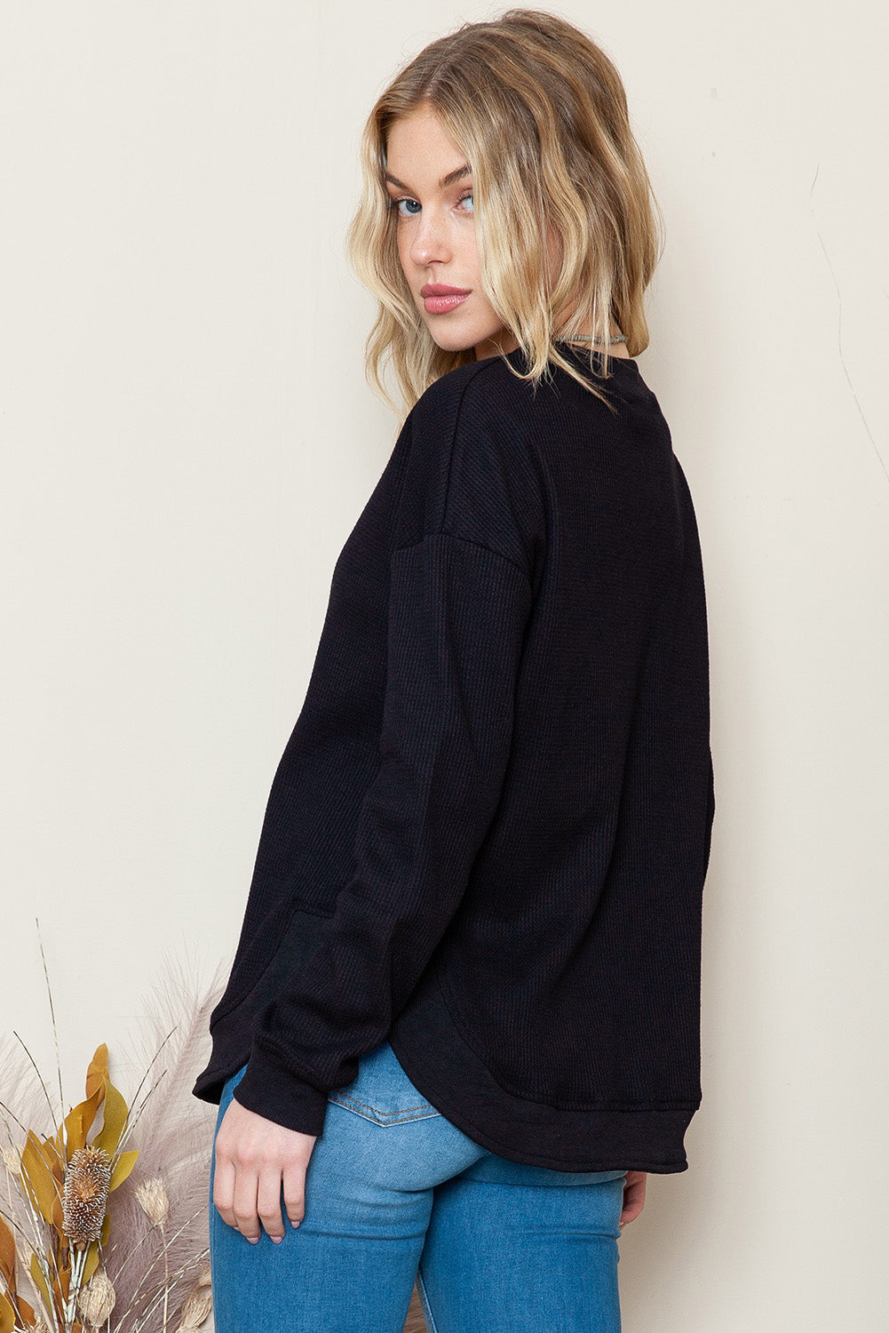 Waffle Knit Crew Neck Casual Long Sleeve Top