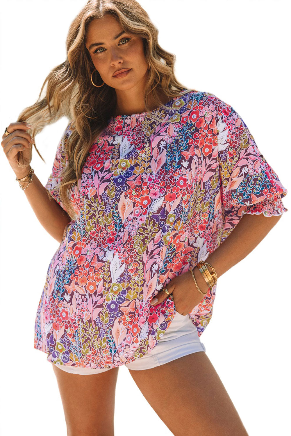 Purple Printed Boho Floral Frilled Neck Shirred Bracelet Sleeve Dress