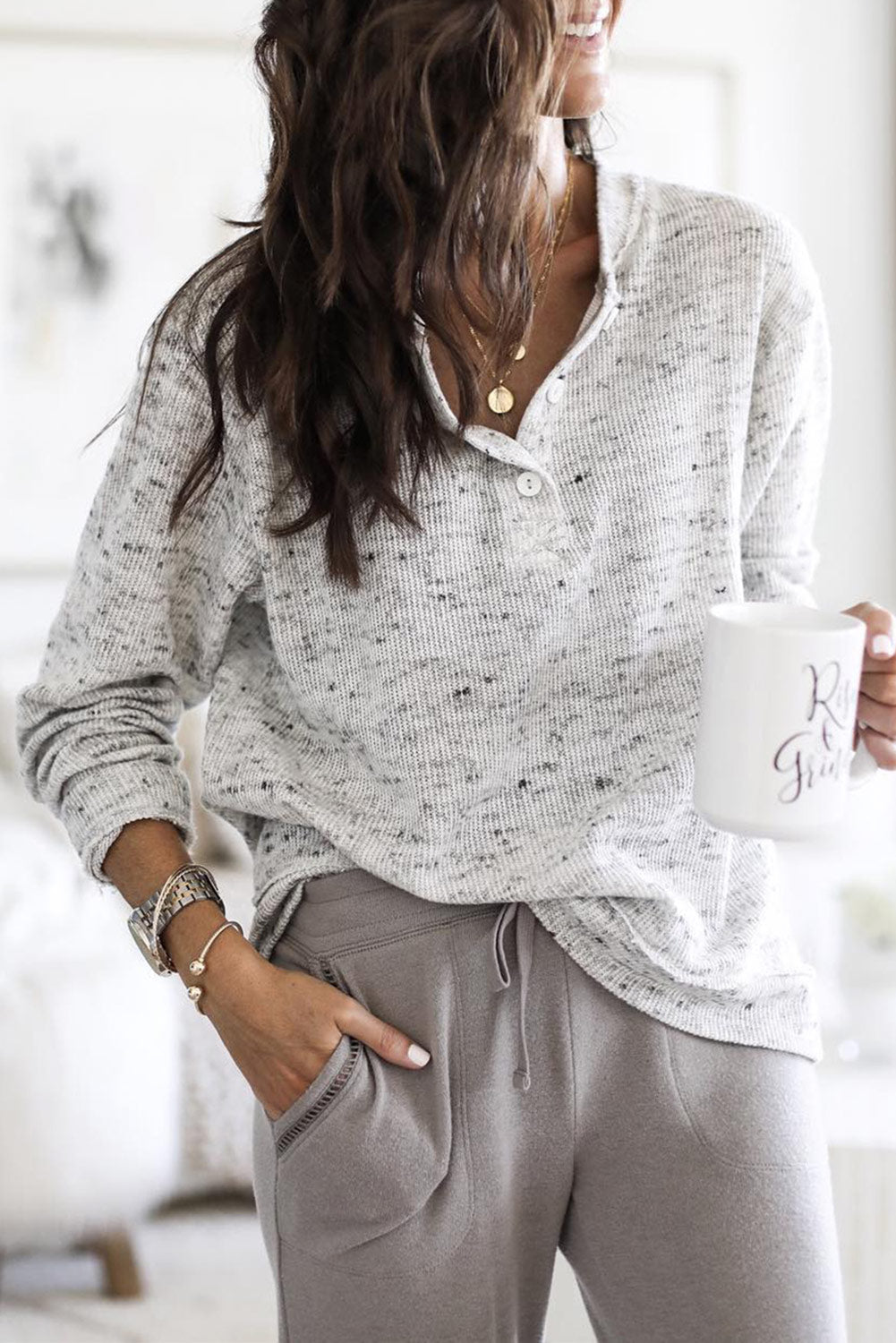 Slouchy Heather Rib Knit Long Sleeve Henley Top