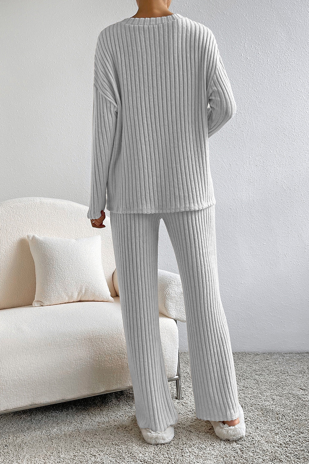 Parchment Plus Size Ribbed V Neck Pullover and Pants Set