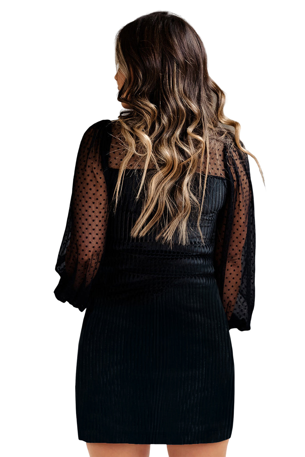 Dotted Mesh Striped Frilled Neck Bubble Sleeve Dress