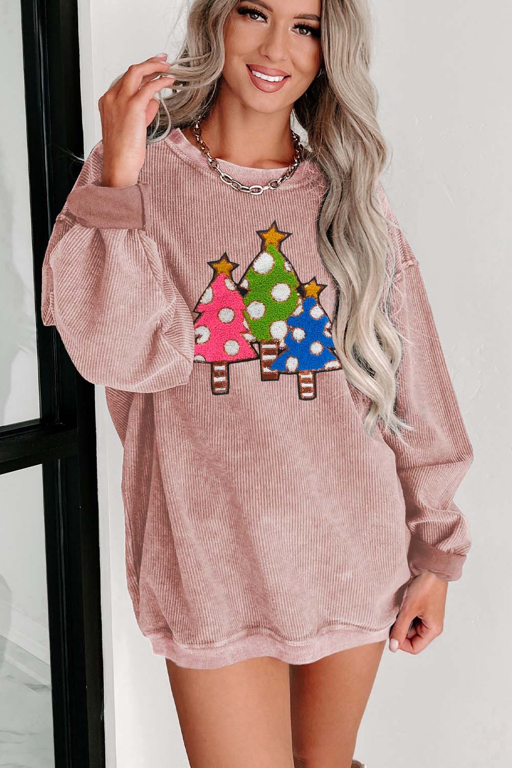 Black Plus Size Corded Round Neck Sweatshirt