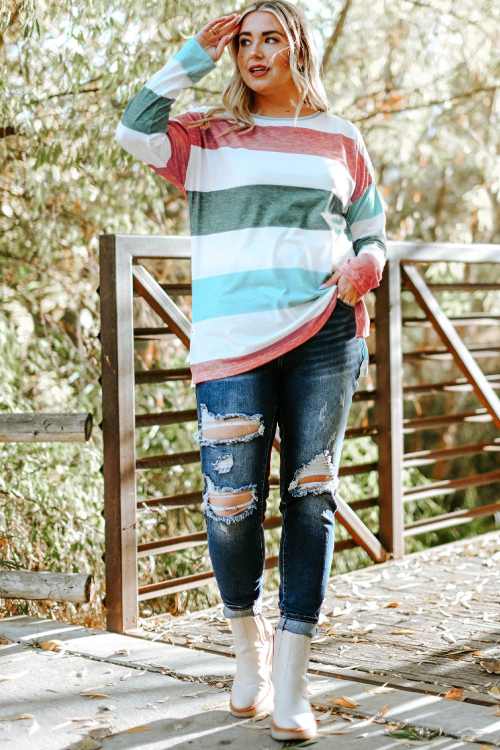Gray Stripe Plus Size Colorblock Pullover Top