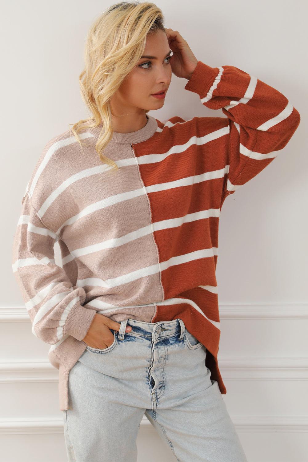 Plus Size Colorblock Striped Patchwork Loose Top
