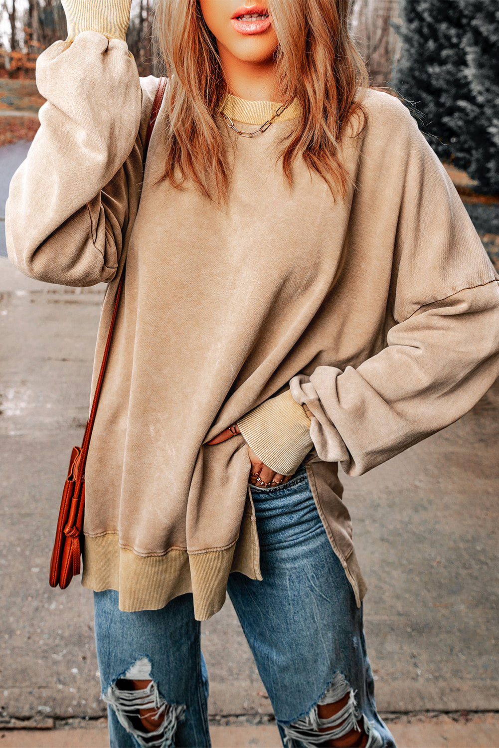 Leopard Print Drop Shoulder Slit Oversized Sweatshirt