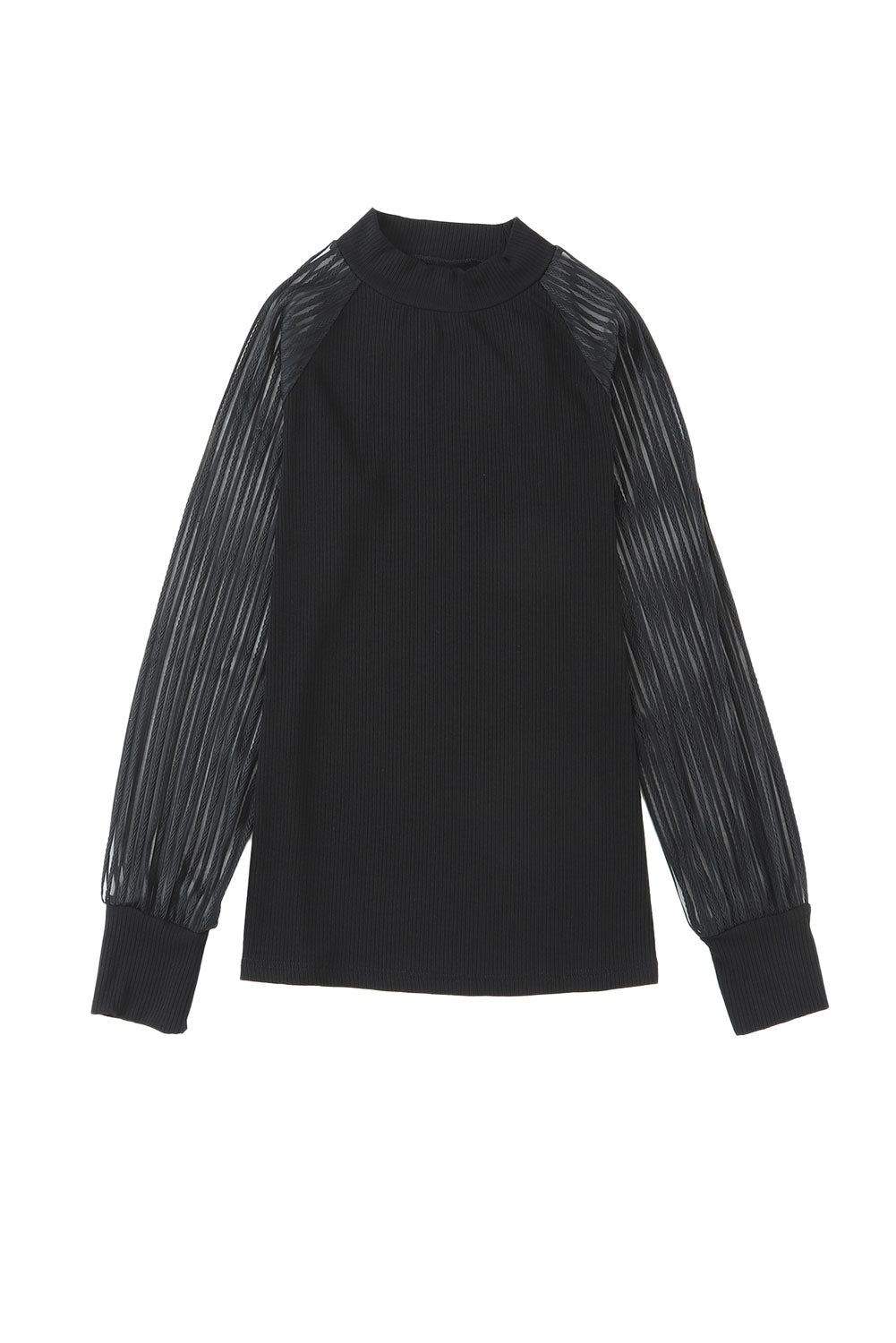 Gray Striped Mesh Long Sleeve Crewneck Ribbed Top