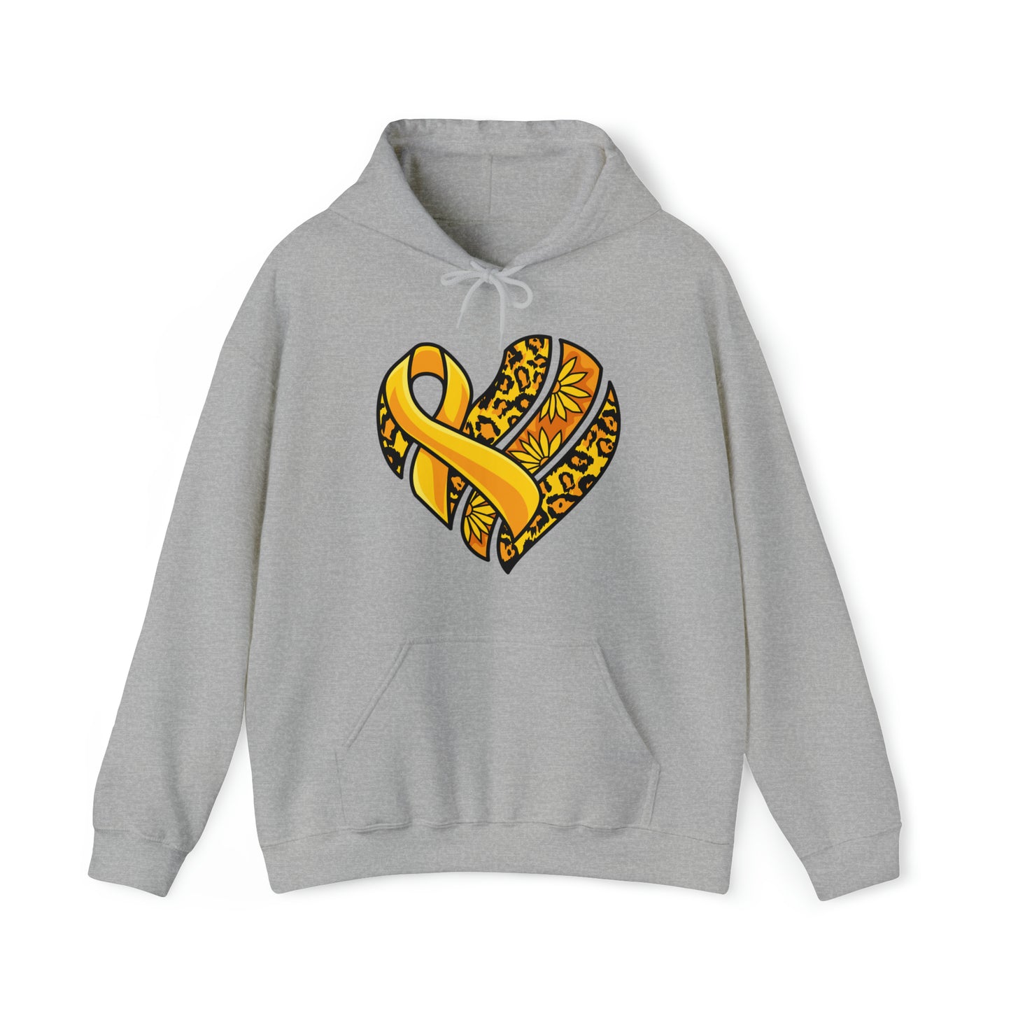 Childhood Cancer Heart Ribbon with Leopard Print and Flowers Heavy Blend™ Hooded Sweatshirt