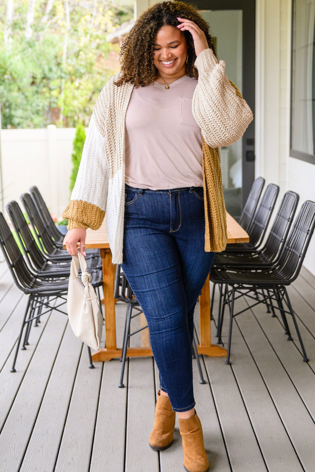 Color Block Knitted Open Front Plus Size Cardigan