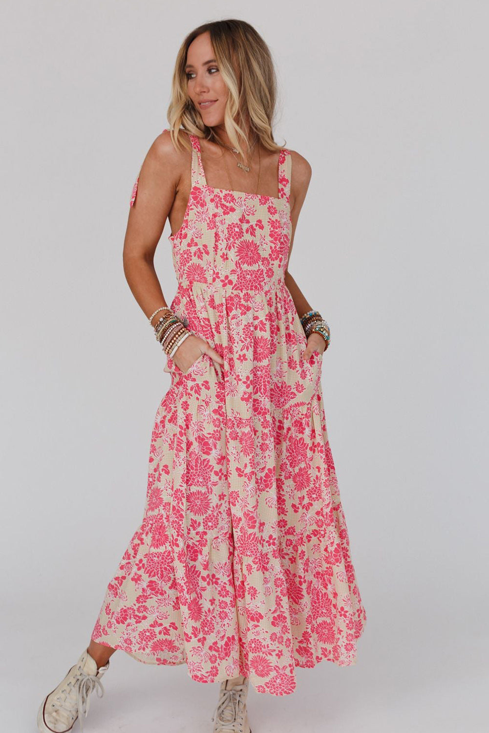 Gingham Floral Tie Shoulder Maxi Dress