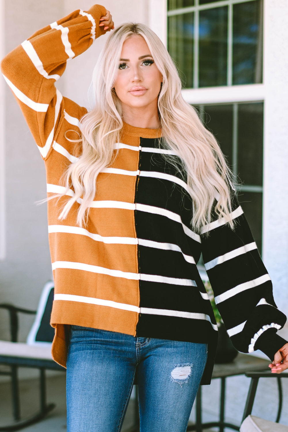 Plus Size Colorblock Striped Patchwork Loose Top