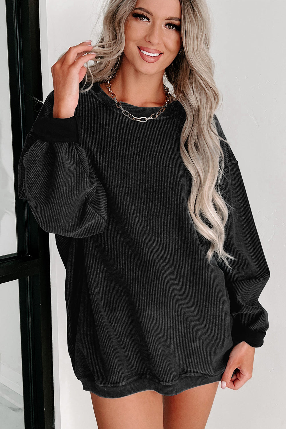 Black Plus Size Corded Round Neck Sweatshirt