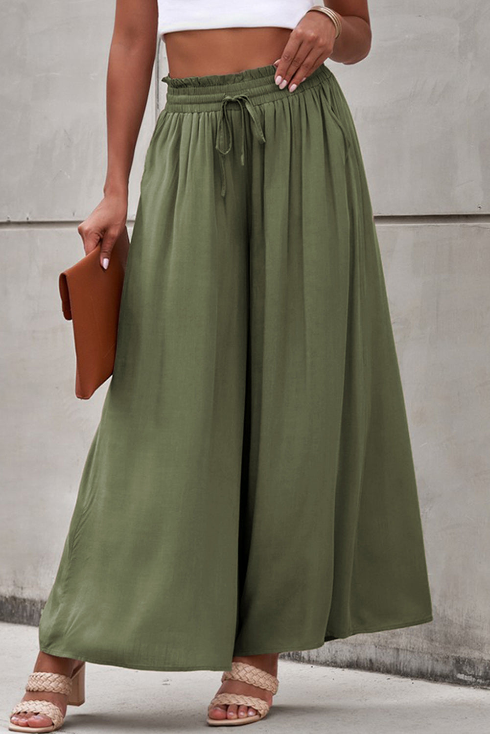Beige Drawstring Smocked High Waist Wide Leg Pants