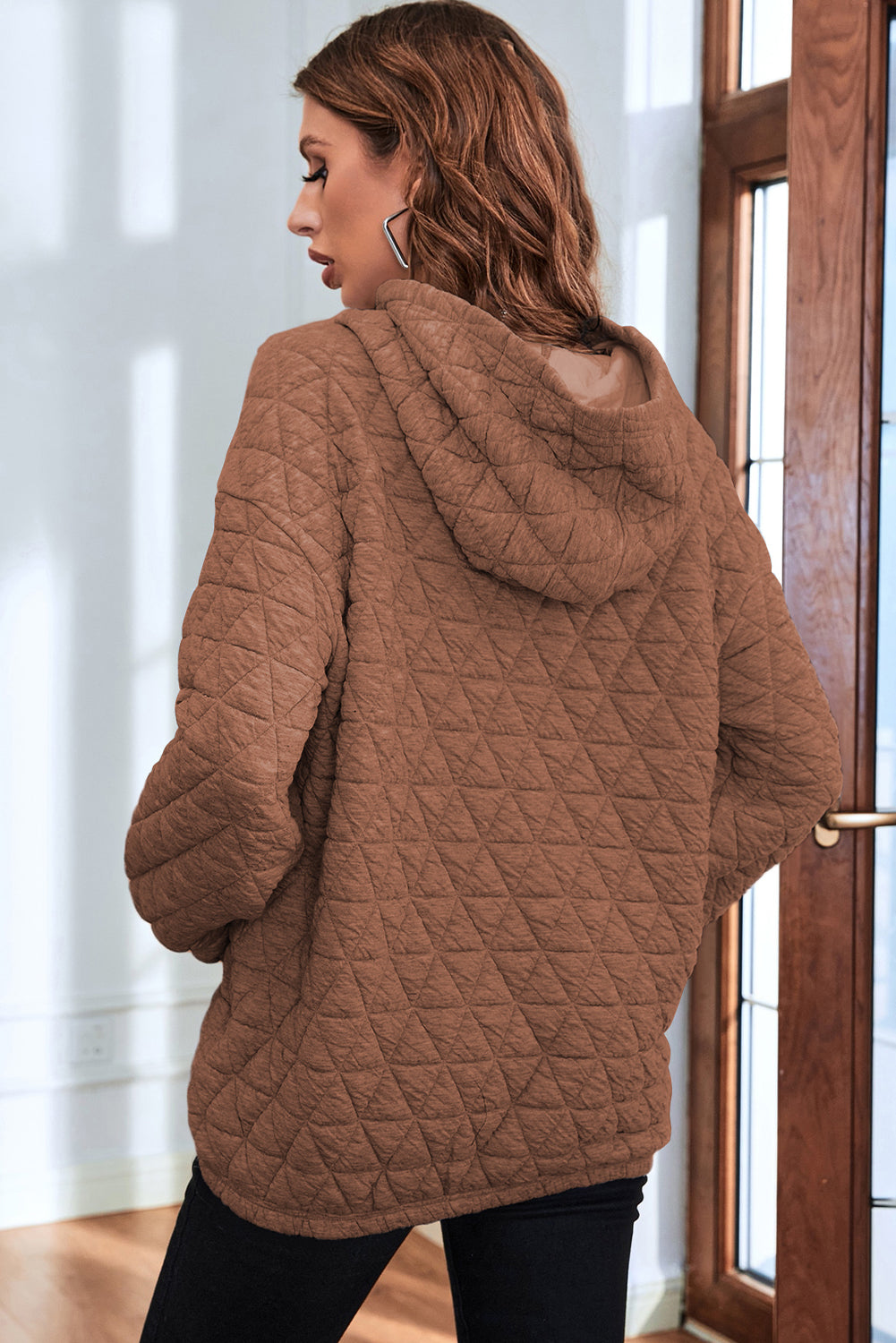 Light Grey Drop Shoulder Quilted Patchwork Kangaroo Pocket Hoodie