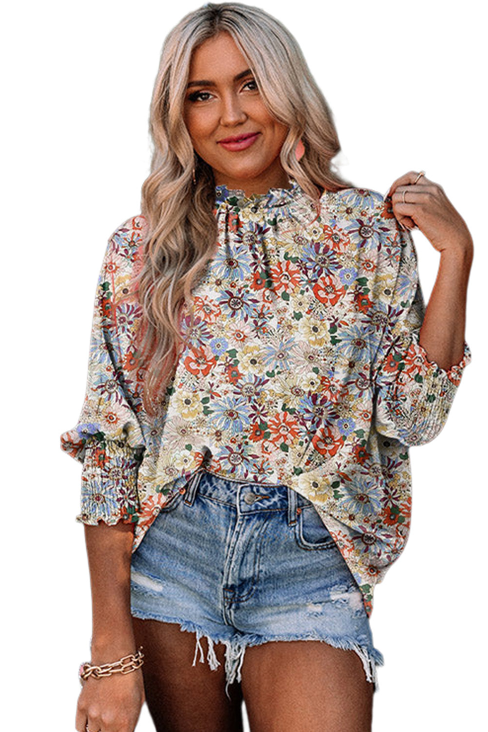 Purple Printed Boho Floral Frilled Neck Shirred Bracelet Sleeve Dress