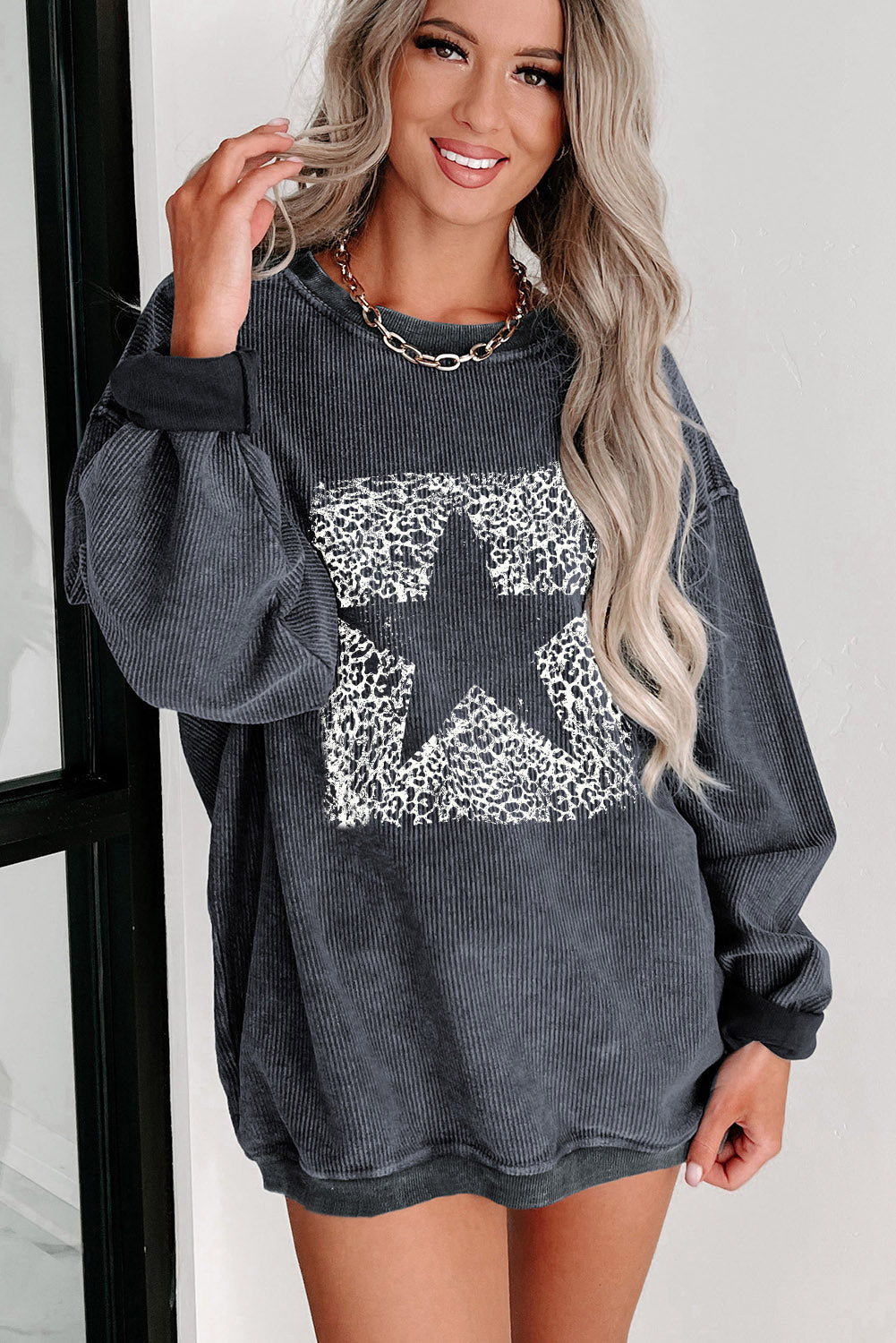 Black Plus Size Corded Round Neck Sweatshirt