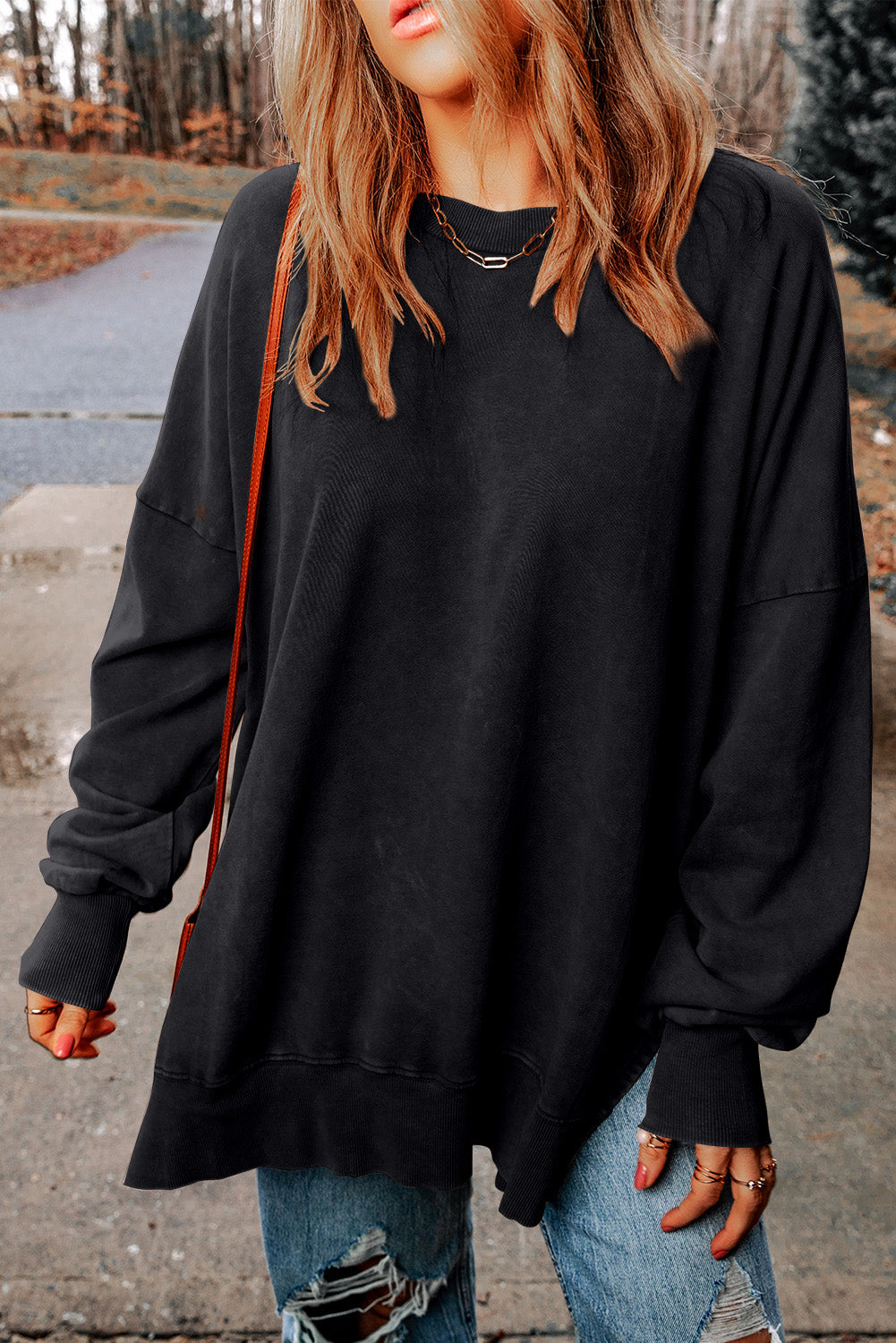 Leopard Print Drop Shoulder Slit Oversized Sweatshirt