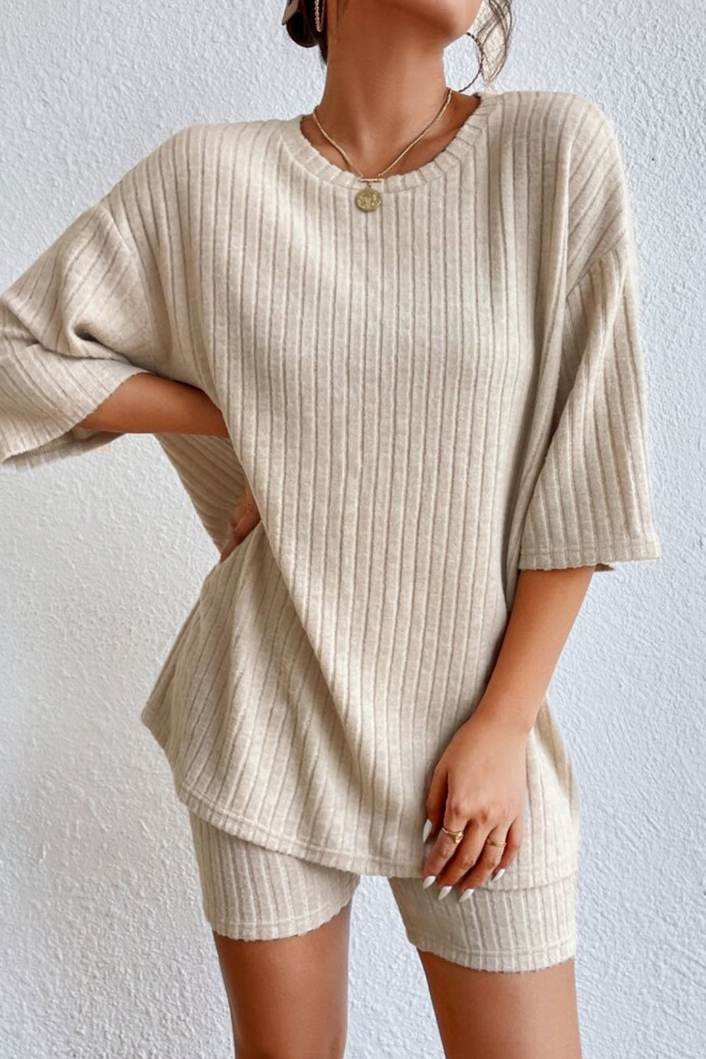 Parchment Plus Size Ribbed V Neck Pullover and Pants Set