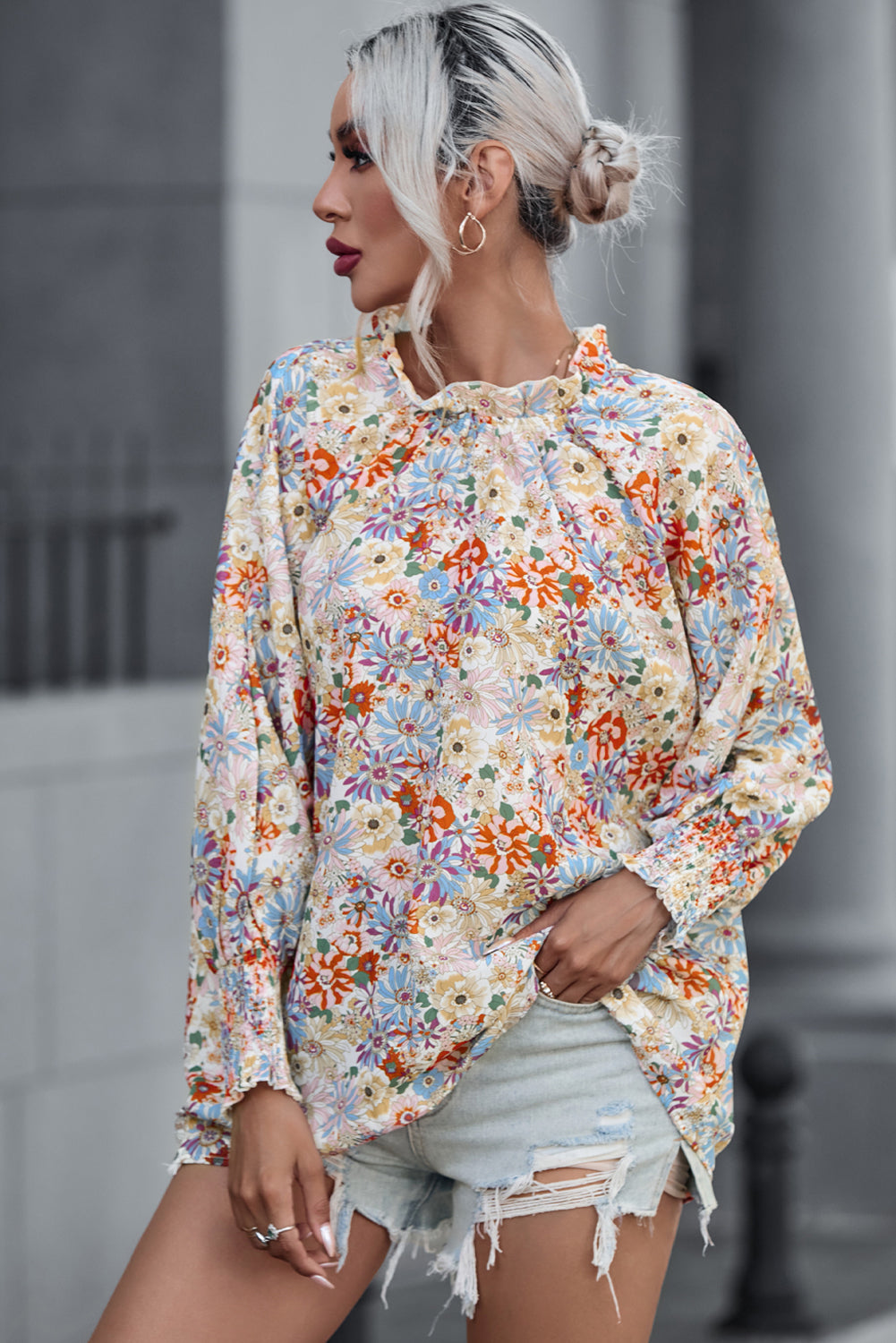 Purple Printed Boho Floral Frilled Neck Shirred Bracelet Sleeve Dress